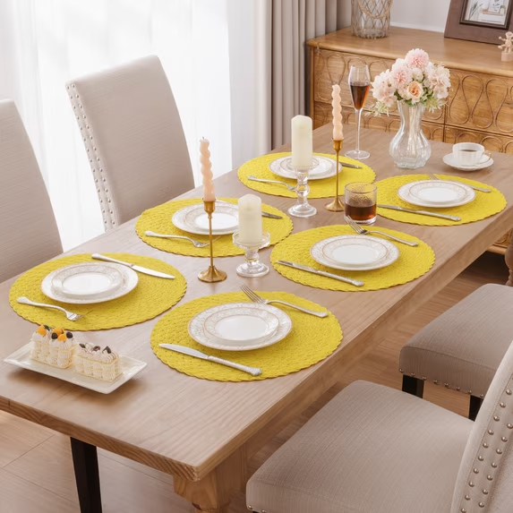 MeyJey 15" Braid Round Placemat Set of 6, Large Cotton Woven Non-Slip Placemat Set of 6 Heat Resistant Placemat 6 Piece, Yellow