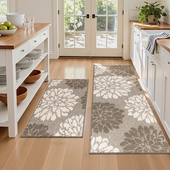 MeyJey Kitchen Rug 2 PCS Set, 24”x36+24”x59” Non Slip Machine Washable Rug Floral Decor Kitchen Floor Mats for in Front of Sink
