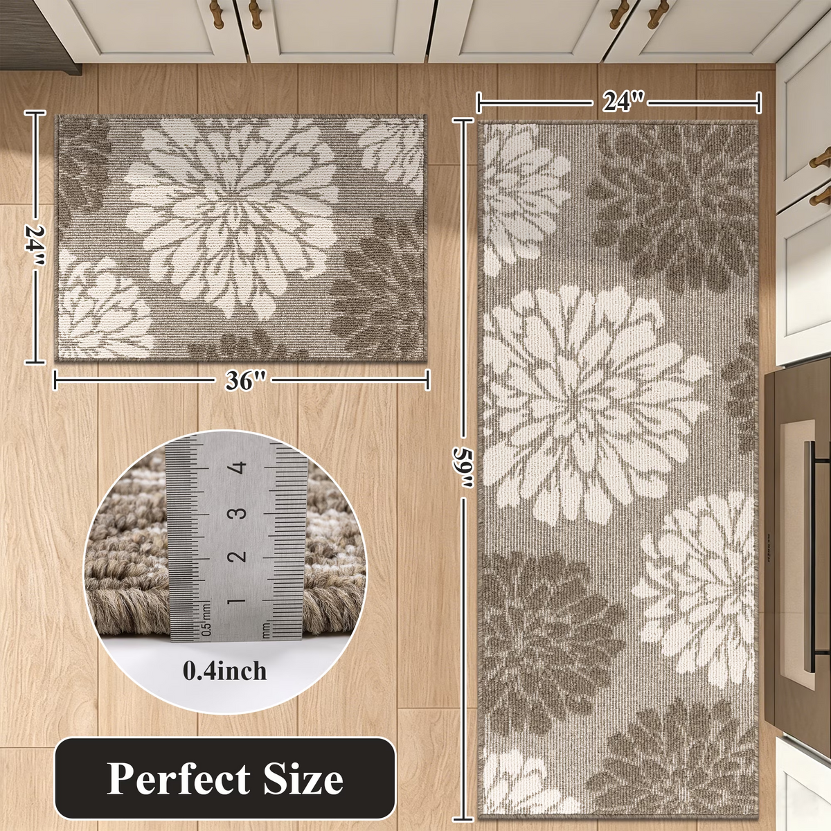 MeyJey Kitchen Rug 2 PCS Set, 24”x36+24”x59” Non Slip Machine Washable Rug Floral Decor Kitchen Floor Mats for in Front of Sink