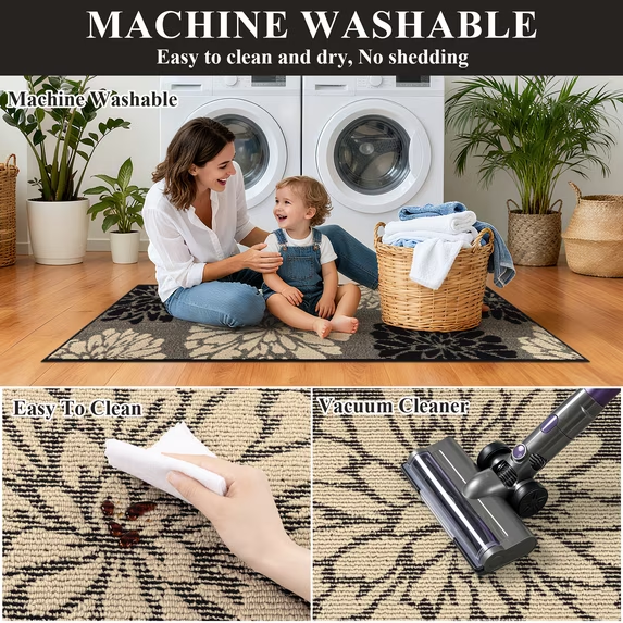 MeyJey Kitchen Rug 2 PCS Set, 24”x36+24”x59” Non Slip Machine Washable Rug Floral Decor Kitchen Floor Mats for in Front of Sink