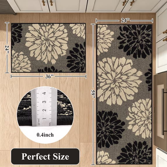 MeyJey Kitchen Rug 2 PCS Set, 24”x36+24”x59” Non Slip Machine Washable Rug Floral Decor Kitchen Floor Mats for in Front of Sink
