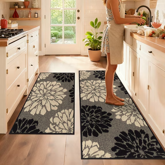 MeyJey Kitchen Rug 2 PCS Set, 24”x36+24”x59” Non Slip Machine Washable Rug Floral Decor Kitchen Floor Mats for in Front of Sink