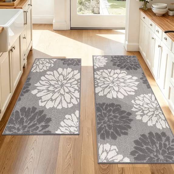 MeyJey Kitchen Rug 2 PCS Set, 24”x36+24”x59” Non Slip Machine Washable Rug Floral Decor Kitchen Floor Mats for in Front of Sink