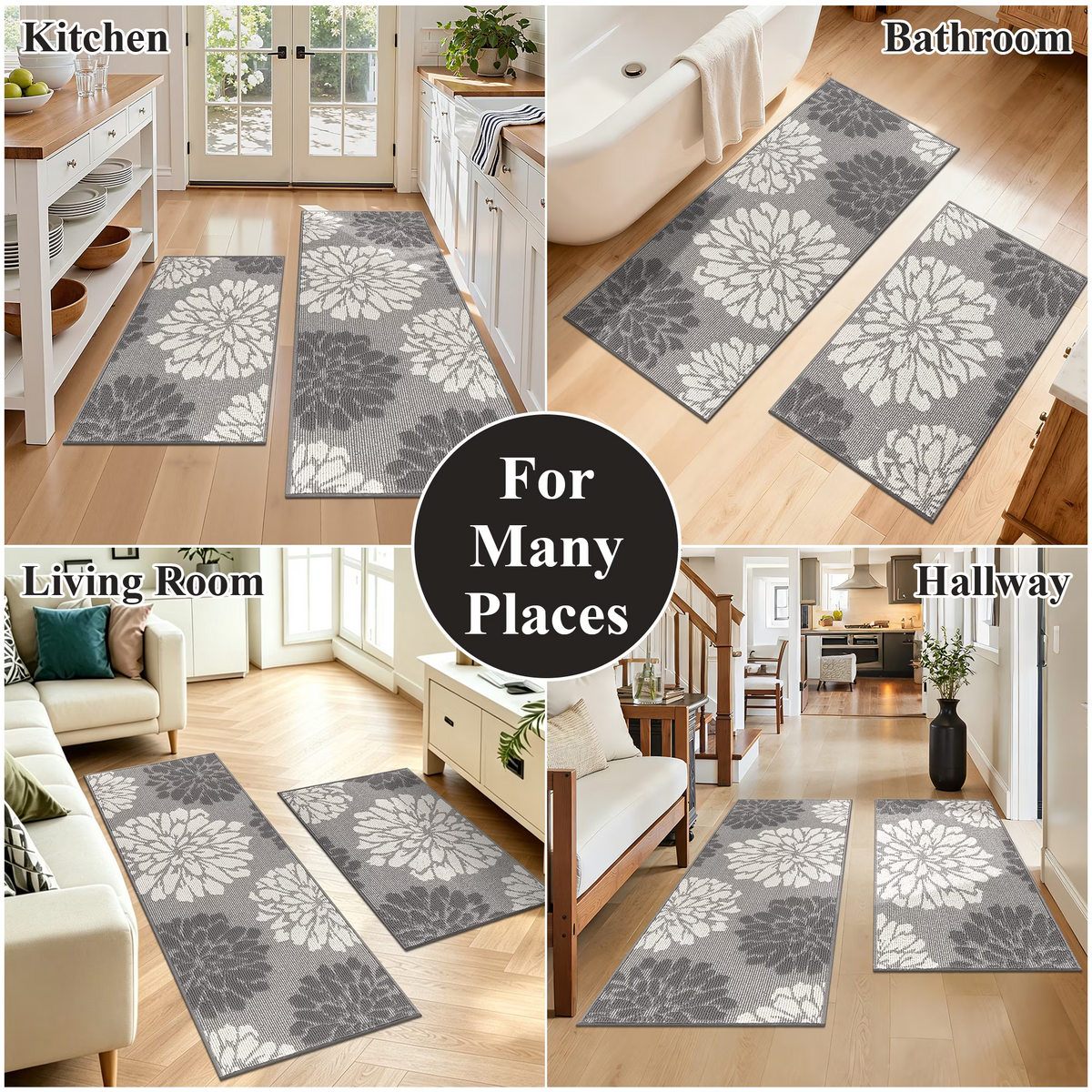 MeyJey Kitchen Rug 2 PCS Set, 24”x36+24”x59” Non Slip Machine Washable Rug Floral Decor Kitchen Floor Mats for in Front of Sink