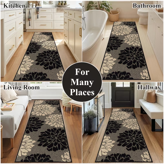 MeyJey Kitchen Rug 24"x71", Non Slip Washable Absorbent Runner Rug Floor Mat for Kitchen Front of Sink Laundry Hallway, Black/Beige