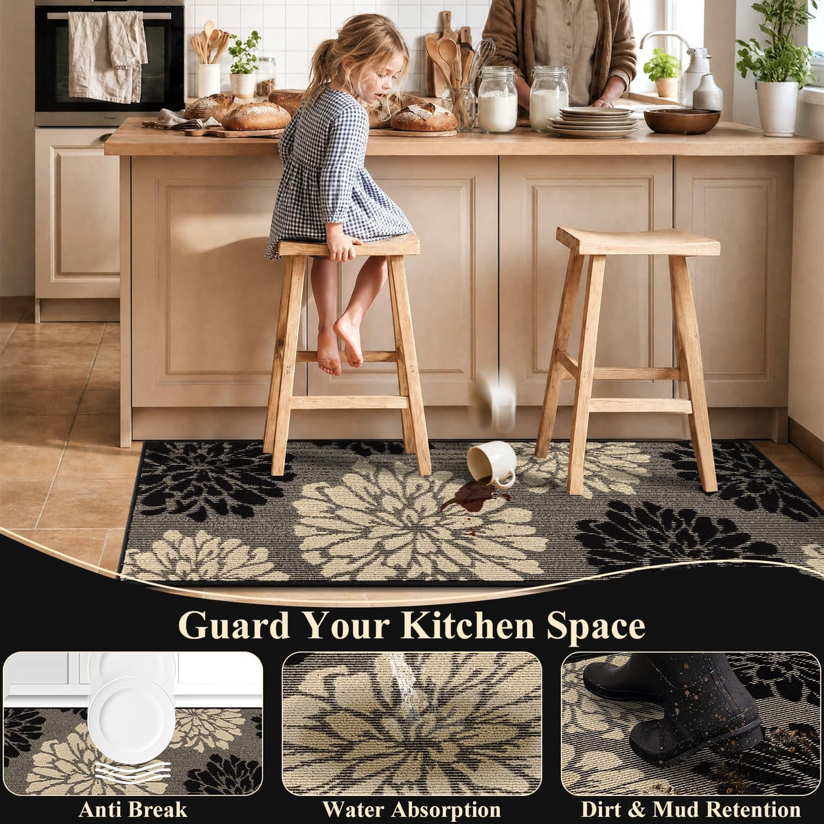 MeyJey Kitchen Rug 24"x71", Non Slip Washable Absorbent Runner Rug Floor Mat for Kitchen Front of Sink Laundry Hallway, Black/Beige