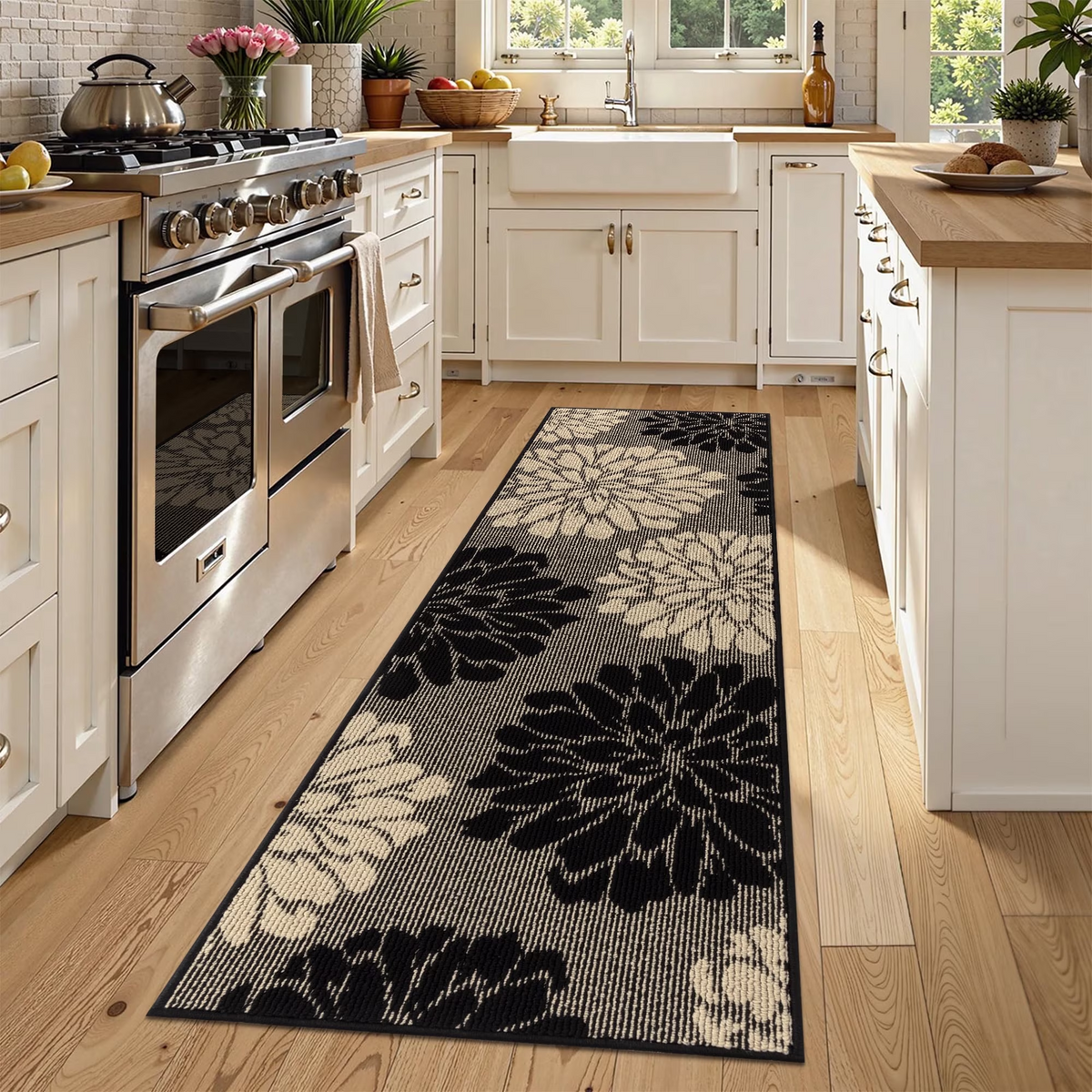 MeyJey Kitchen Rug 24"x71", Non Slip Washable Absorbent Runner Rug Floor Mat for Kitchen Front of Sink Laundry Hallway, Black/Beige