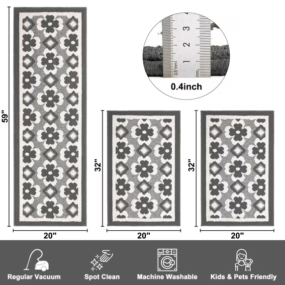 MeyJey Kitchen Rug Set 3 Piece, Non Slip Machine Washable Mats for Home Floor and Living Room