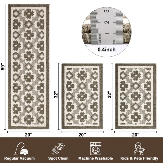MeyJey Kitchen Rug Set 3 Piece, Non Slip Machine Washable Mats for Home Floor and Living Room
