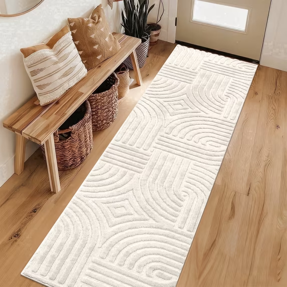 MeyJey Runner Rug for Hallways, Non Slip Modern Jacquard Textured Rugs Soft Geometric Rug for Entryway Bathroom Laundry Dorm, Beige
