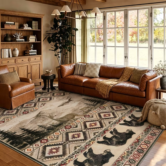 Meyjey Area Rug for Living Room, Non-Slip Rustic Cabin Machine Washable Lodge Bear Rug, Print Pattern Southwestern Rug for Living Room Bedroom