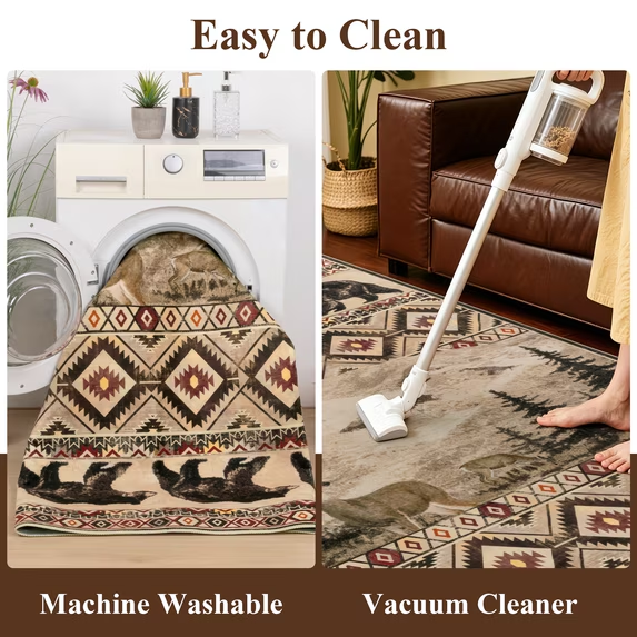 Meyjey Area Rug for Living Room, Non-Slip Rustic Cabin Machine Washable Lodge Bear Rug, Print Pattern Southwestern Rug for Living Room Bedroom