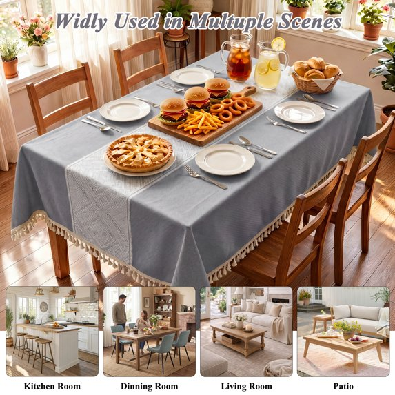 MeyJey Tablecloths for Rectangle Tables, Waterproof Linen Cotton Farmhouse Table Cloths with Tassel for Kitchen Dining