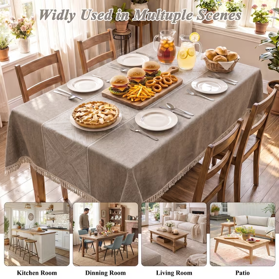 MeyJey Tablecloths for Rectangle Tables, Waterproof Linen Cotton Farmhouse Table Cloths with Tassel for Kitchen Dining
