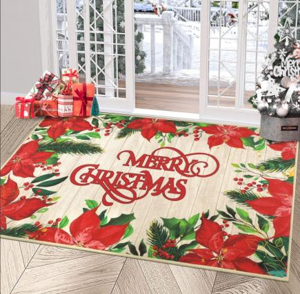 MeyJey Christmas Door Mat, 32”x48” Flowers Doormat, Non Slip Front Door Mats for Entryway Indoor Outdoor, Washable Low Profile Floor Carpet for Xmas Holiday Decor