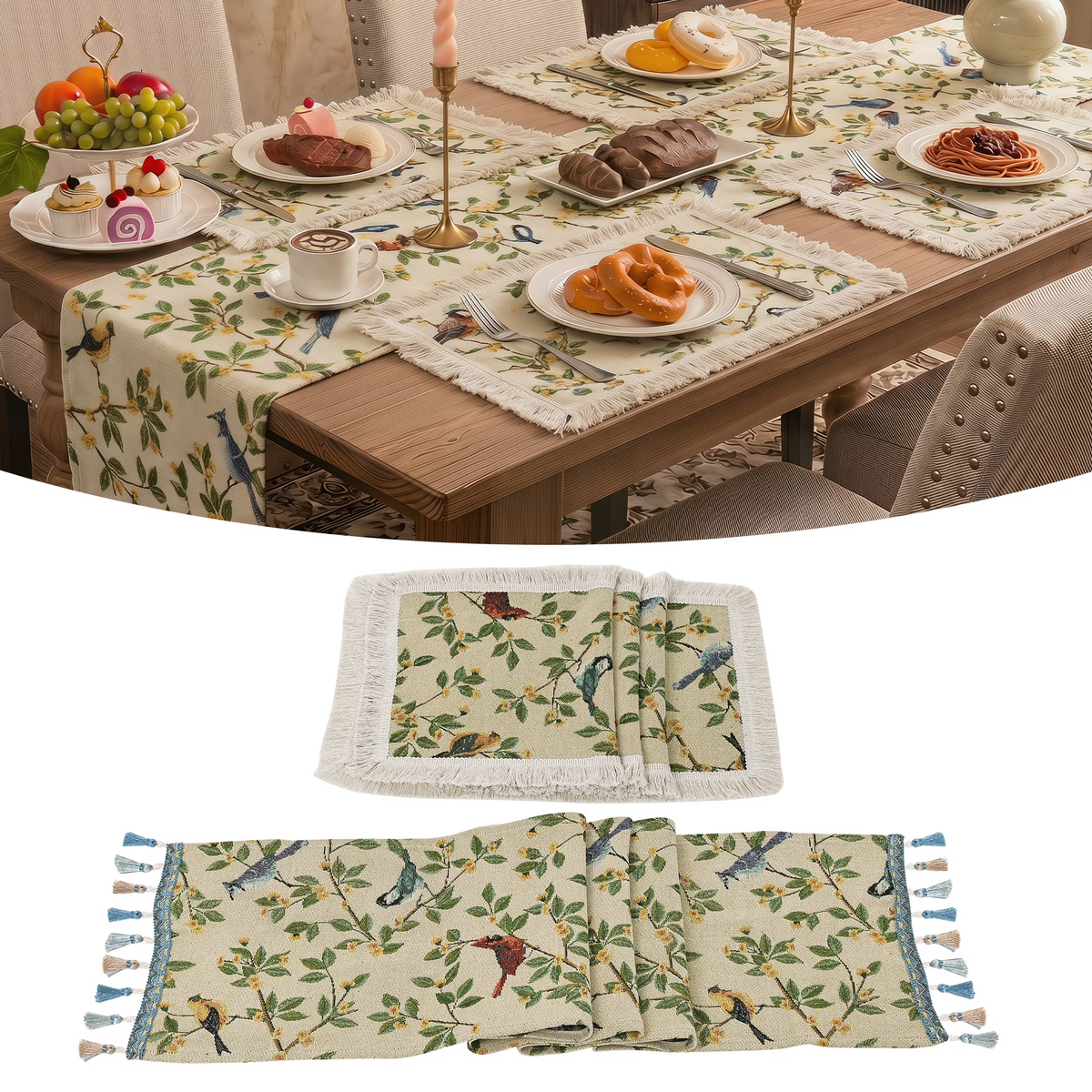MeyJey Table Runners and Rectangle Placemats Set 4 Piece, Jacquard Woven Table Runner with Tassels 4 Matching Placemats, Vintage French Style Dining Table Decor for Kitchen, Dining Room, Green/Yellow