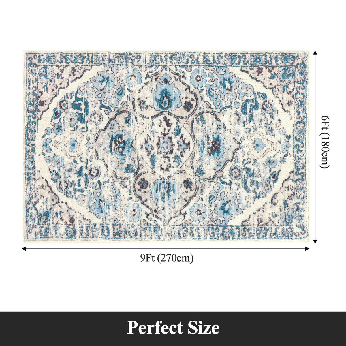 MeyJey Boho Indoor Hallway Runner Rug, Oriental Non Slip Machine Washable Area Rug Distressed Vintage Floor Carpet for Bedroom Kitchen Dinning/Living/Laundry Room, Blue/Beige