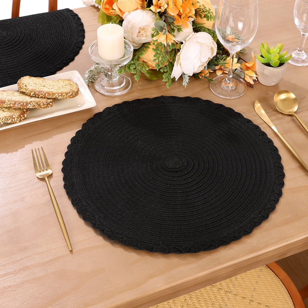 MeyJey 15" Braid Round Placemat Set of 6, Large Cotton Woven Non-Slip Placemat Set of 6 Heat Resistant Placemat 6 Piece, Coffee