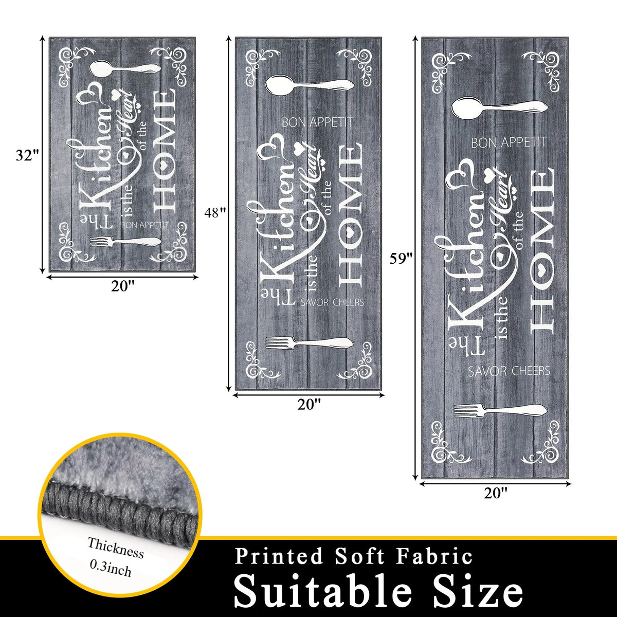 MeyJey Farmhouse Kitchen Rug Set, 3 Piece Non-Slip Kitchen Mat Machine Washable Runner Rug for Home Floor and Living Room, Washed