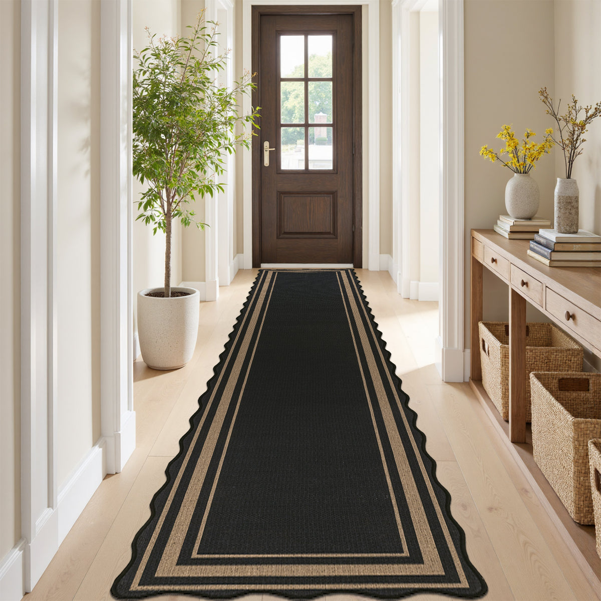 MeyJey 2'x10' Runner Rug for Hallway, Washable Kitchen Rugs Non Slip Faux Jute Scalloped Indoor Carpet for Entryway Laundry Room Floor Mats