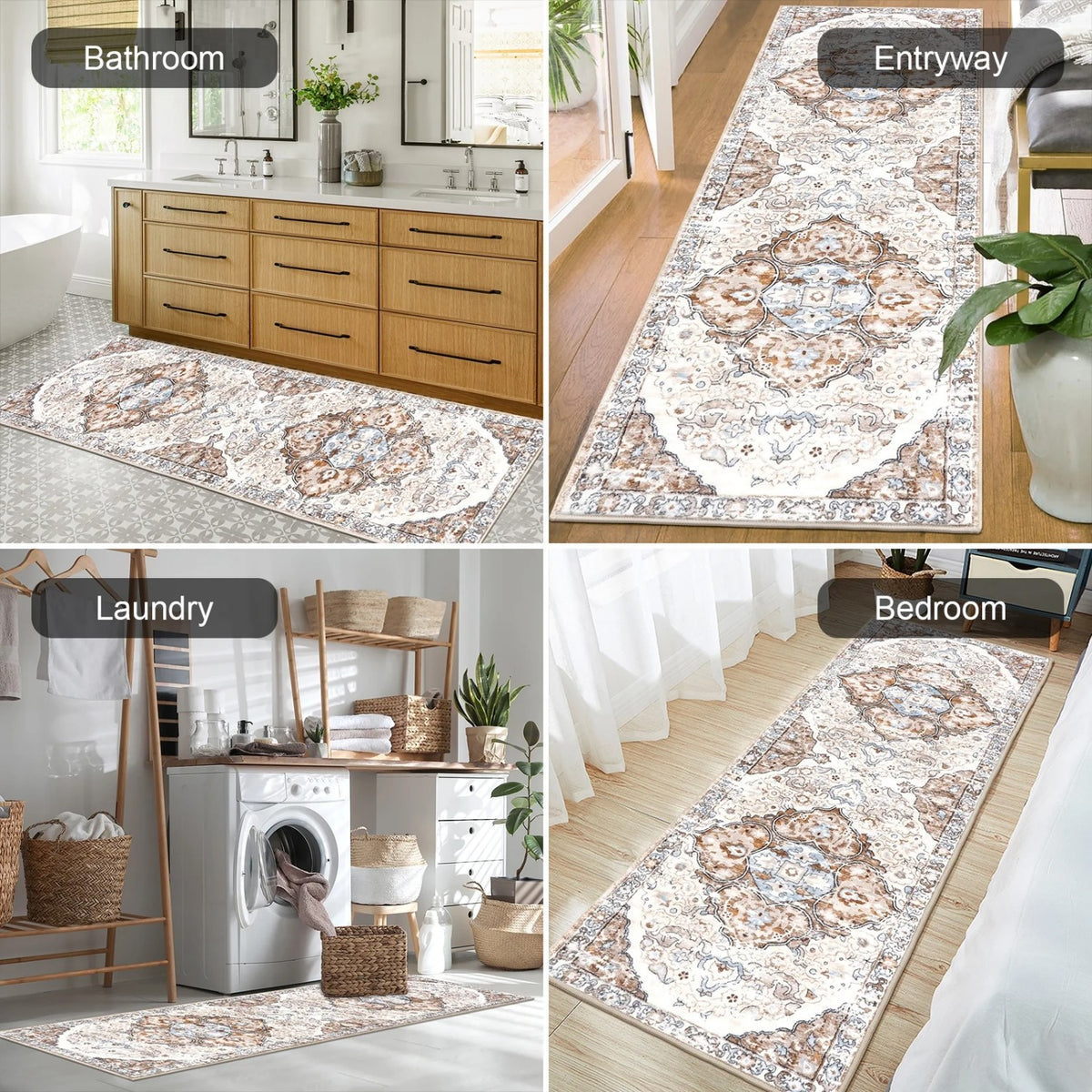 MeyJey Boho Indoor Living Room Area Rug Non-Slip Machine Washable Vintage Oriental Distressed Floor Carpet for Bedroom Dining Kitchen Hallway Nursery