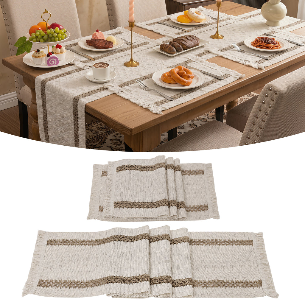 MeyJey 5 Pcs Table Runner and Placemats Set, Washable Fabric Rectangle Dining Table Mats with Tassels for Dining Tables, Kitchen, khaki