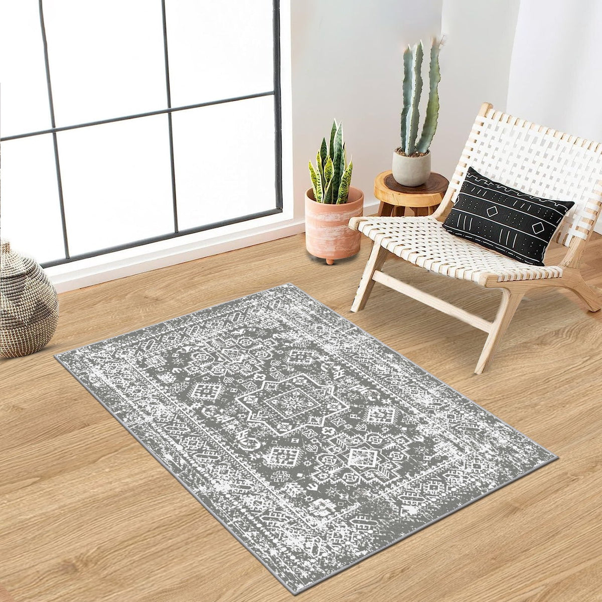 MeyJey Oriental Indoor Area Rug 2'x3' Non-Slip Machine Washable Vintage Distressed Floor Carpet for Living Room Bedroom Dining Kitchen Hallway, Gray
