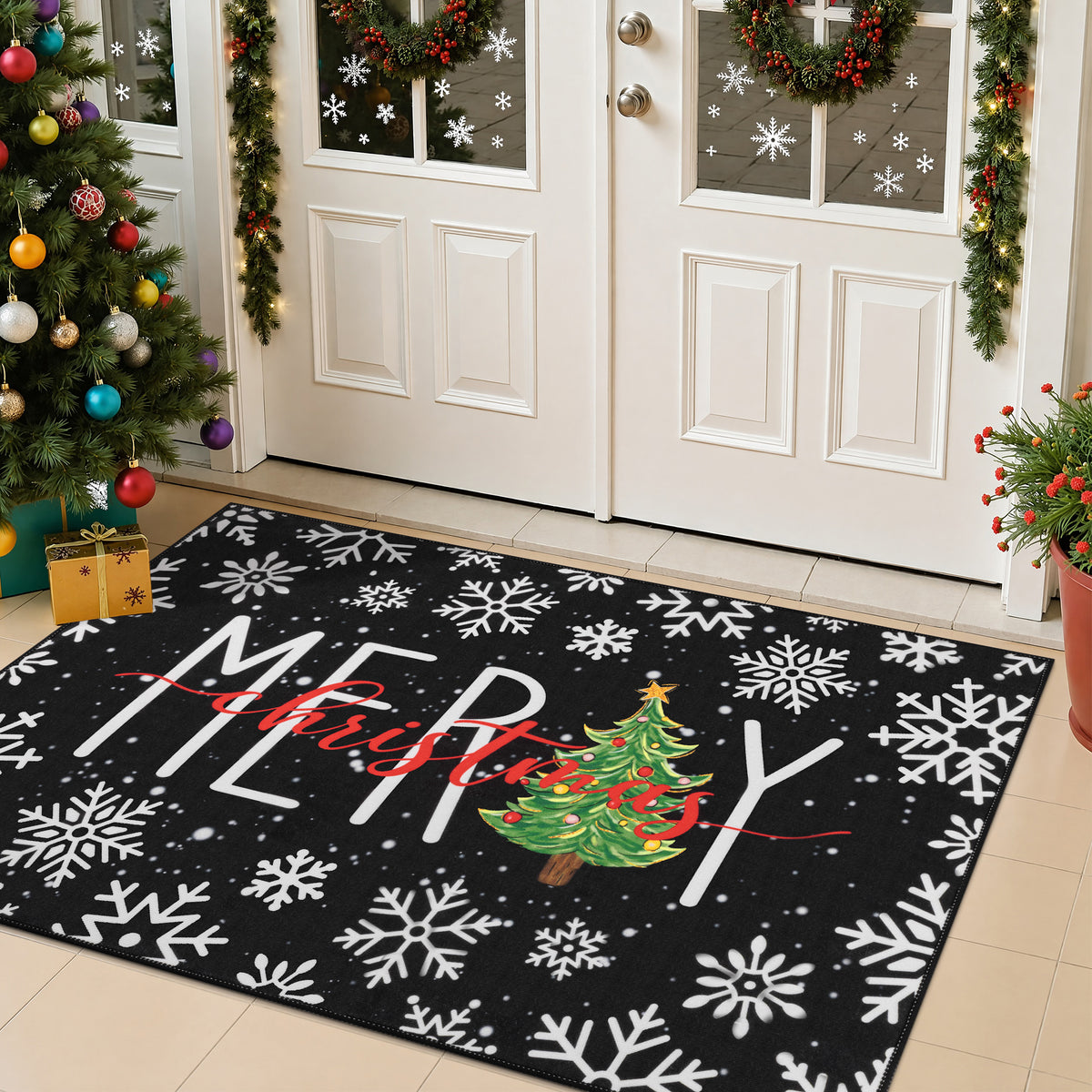 MeyJey 32"x48" Christmas Door Mat, Christmas snowflake pattern Doormat, Non Slip Red Front Door Mats for Entryway Indoor Outdoor, Washable Low Profile Floor Carpet for Xmas Holiday Decor