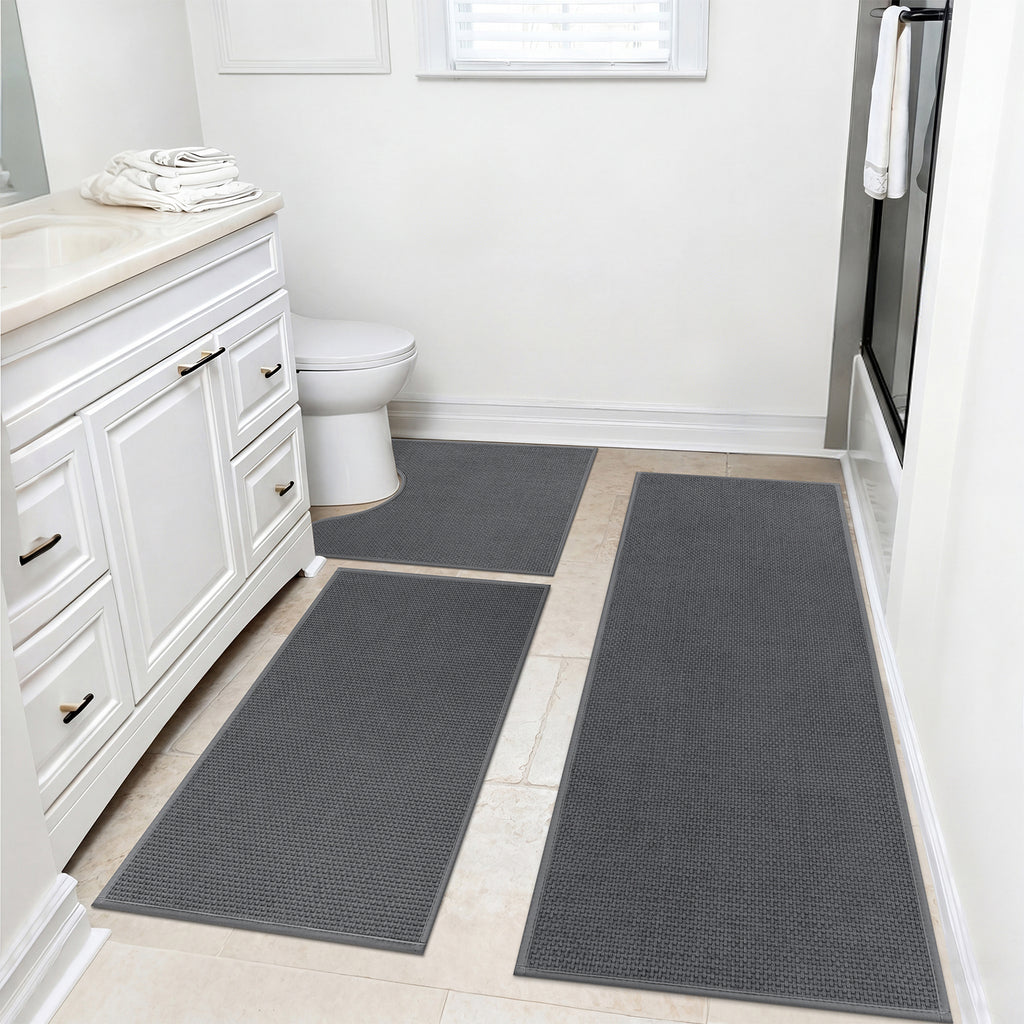 Ileading 3pcs Bathroom Rugs Set with U-Shaped Mat, Non Slip, Soft, Absorbent Bath Mats for Tub, Shower, Toilet 18"x26"+18"x48"+U Shape 20"x24" Gray