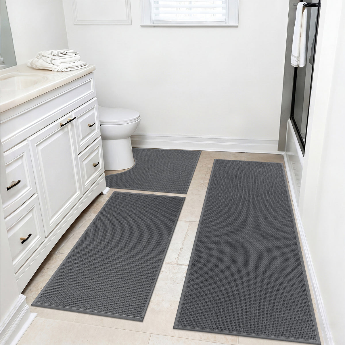 Ileading 3pcs Bathroom Rugs Set with U-Shaped Mat, Non Slip, Soft, Absorbent Bath Mats for Tub, Shower, Toilet 18"x26"+18"x48"+U Shape 20"x24" Gray