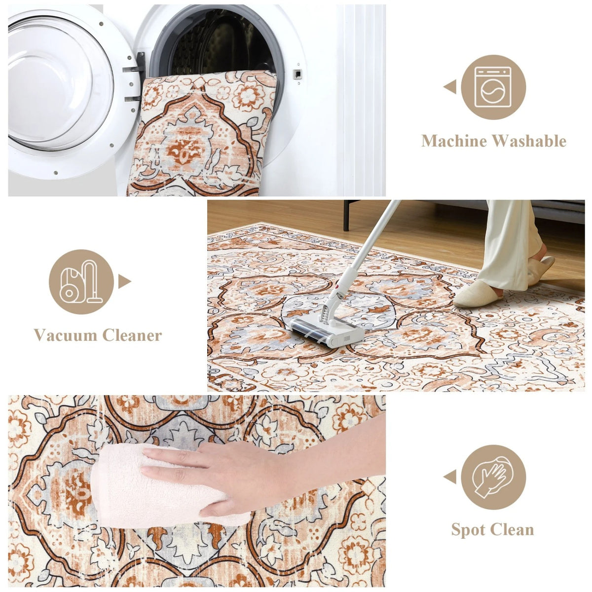 MeyJey Boho Indoor Living Room Area RugNon-Slip Machine Washable Vintage Oriental Distressed Floor Carpet for Bedroom Dining Kitchen Hallway Nursery, Cream/Orange
