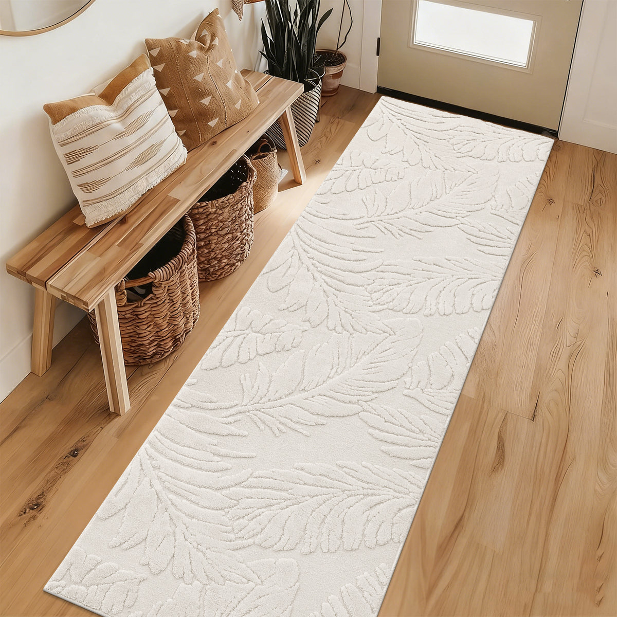 MeyJey Shag Area Rug for Living Machine Washable Rugs for Bedroom Dinning Room Office Decor Non-Slip Soft Carpet, leaf shadow Pattern,Pale Camel