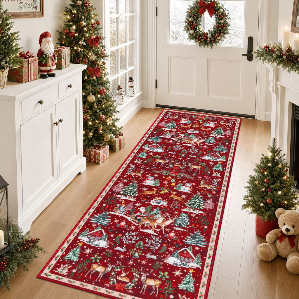 MeyJey 2'x6' Christmas Runner Rug for Hallway , Non Slip Machine Washable Rugs Holiday Decoration Floor Carpet for Bedroom Kitchen Living Room, Red/Green/White