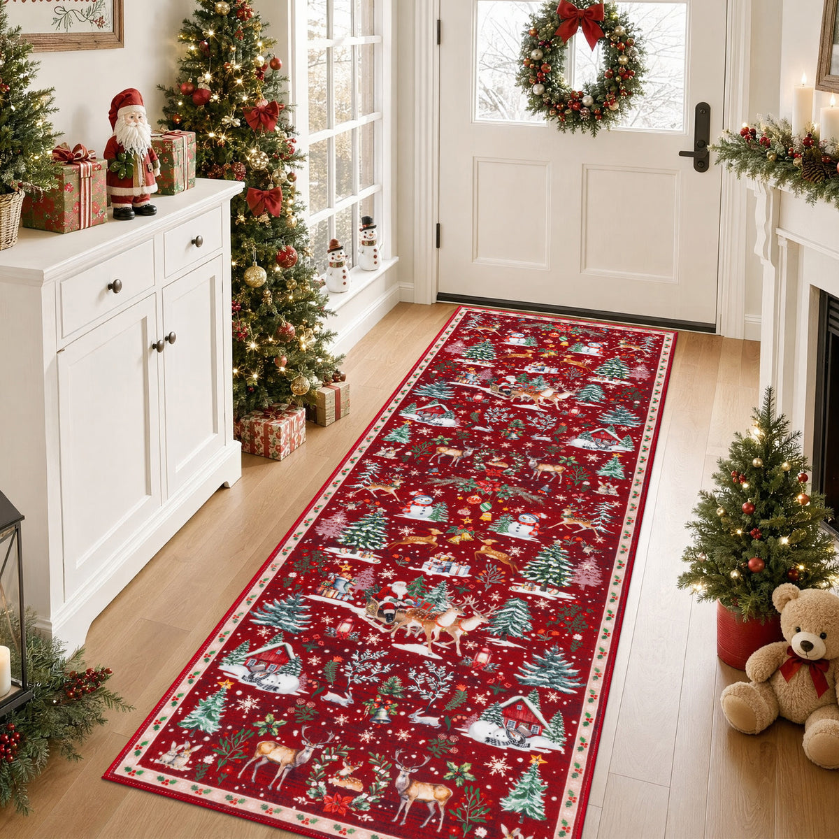 MeyJey 2'x6' Christmas Runner Rug for Hallway , Non Slip Machine Washable Rugs Holiday Decoration Floor Carpet for Bedroom Kitchen Living Room, Red/Green/White