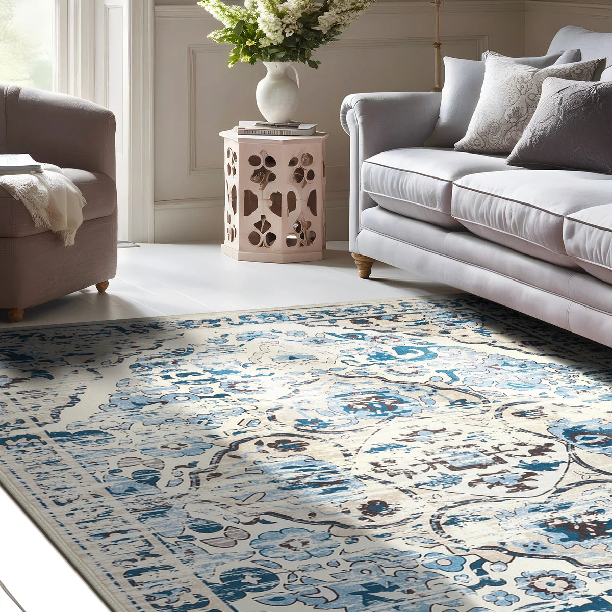 MeyJey Boho Indoor Living Room Area Rug Non-Slip Machine Washable Vintage Oriental Distressed Floor Carpet for Bedroom Dining Kitchen Hallway Nursery