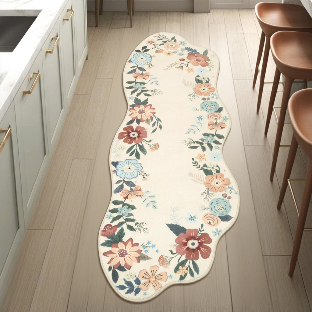 MeyJey Runner Rug Hallways, Non-Slip Machine Washable Floral Area Rug Indoor Carpet Floor Rug for Bedroom/Dining/Living/Laundry Room/Kitchen Bathroom，Beige