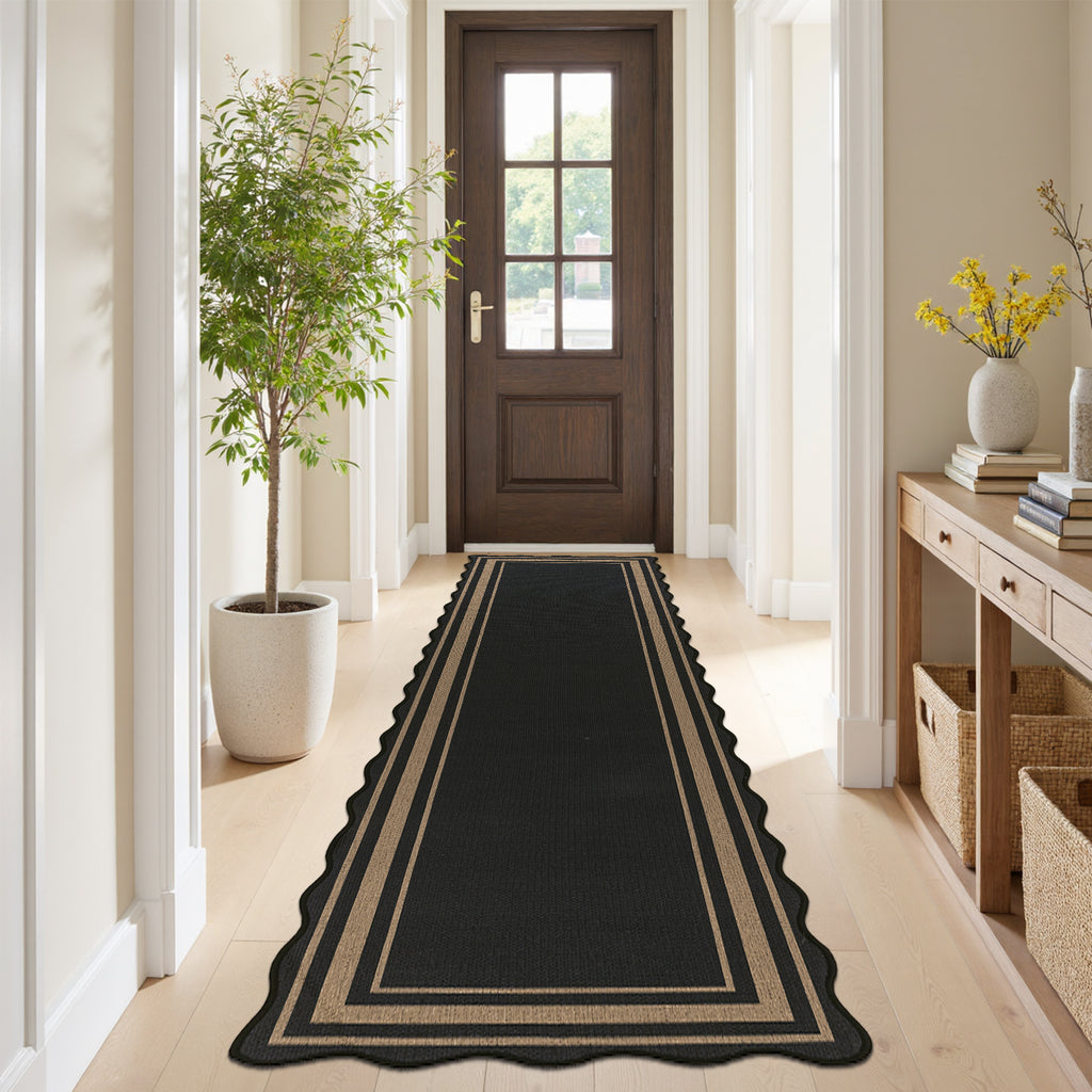 MeyJey 2'x8' Runner Rug for Hallway, Washable Kitchen Rugs Non Slip Solid Tan Jute Scalloped Indoor Carpet for Entryway Laundry Room Floor Mats