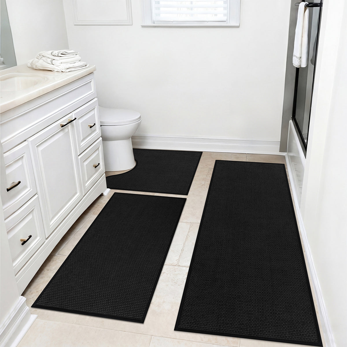 Ileading 3pcs Bathroom Rugs Set with U-Shaped Mat, Non Slip, Soft, Absorbent Bath Mats for Tub, Shower, Toilet 18"x26"+18"x48"+U Shape 20"x24" Black