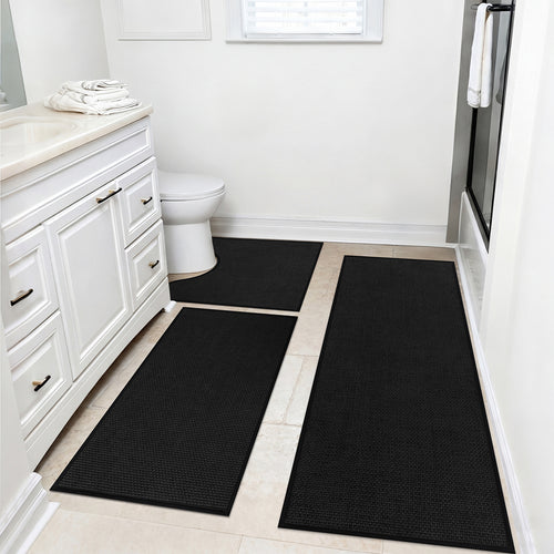 Ileading 3pcs Bathroom Rugs Set with U-Shaped Mat, Non Slip, Soft, Absorbent Bath Mats for Tub, Shower, Toilet 18"x26"+18"x48"+U Shape 20"x24" Black