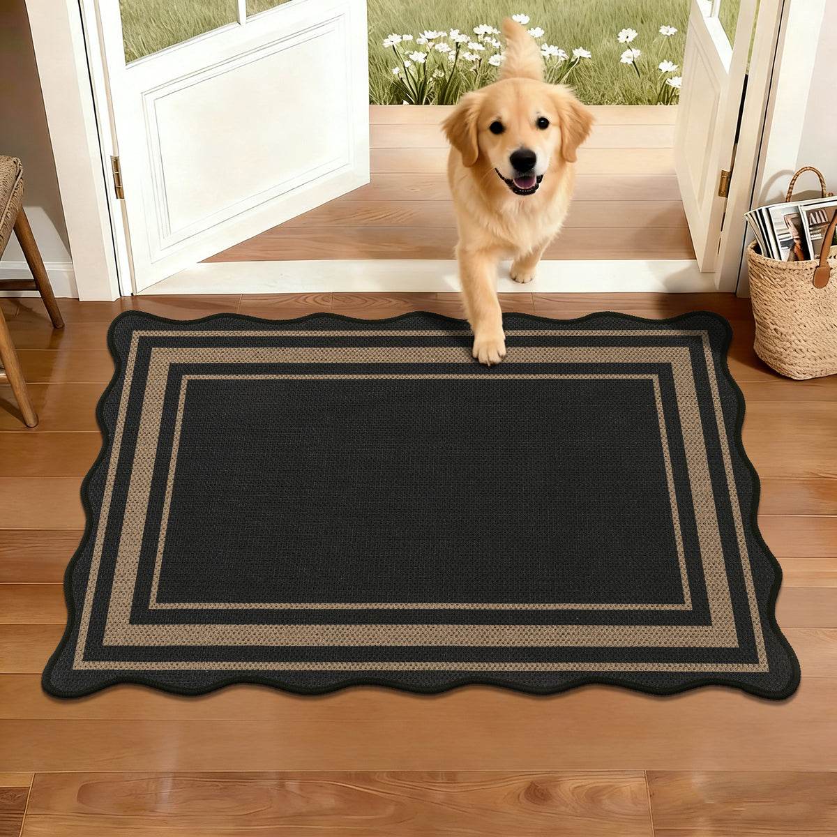 MeyJey Door Mats for Front Door, 24“x36“ Non Slip Solid Tan Jute Scalloped Washable Black Area Rug,Indoor Carpet for Entryway Laundry Room Floor Mats