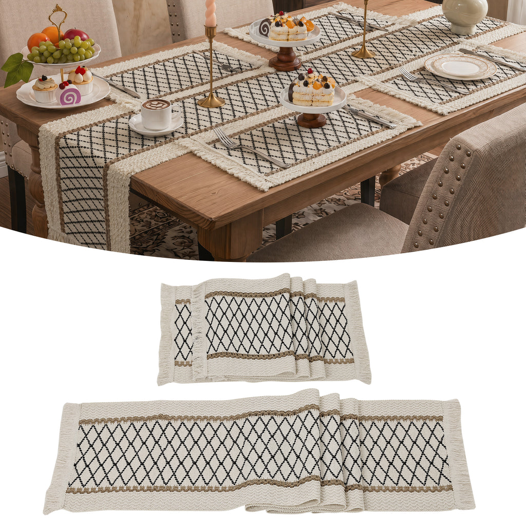 MeyJey 5 Pcs Table Runner and Placemats Set, Washable Fabric Rectangle Dining Table Mats with Tassels for Dining Tables, Kitchen, Black/Beige/Brown