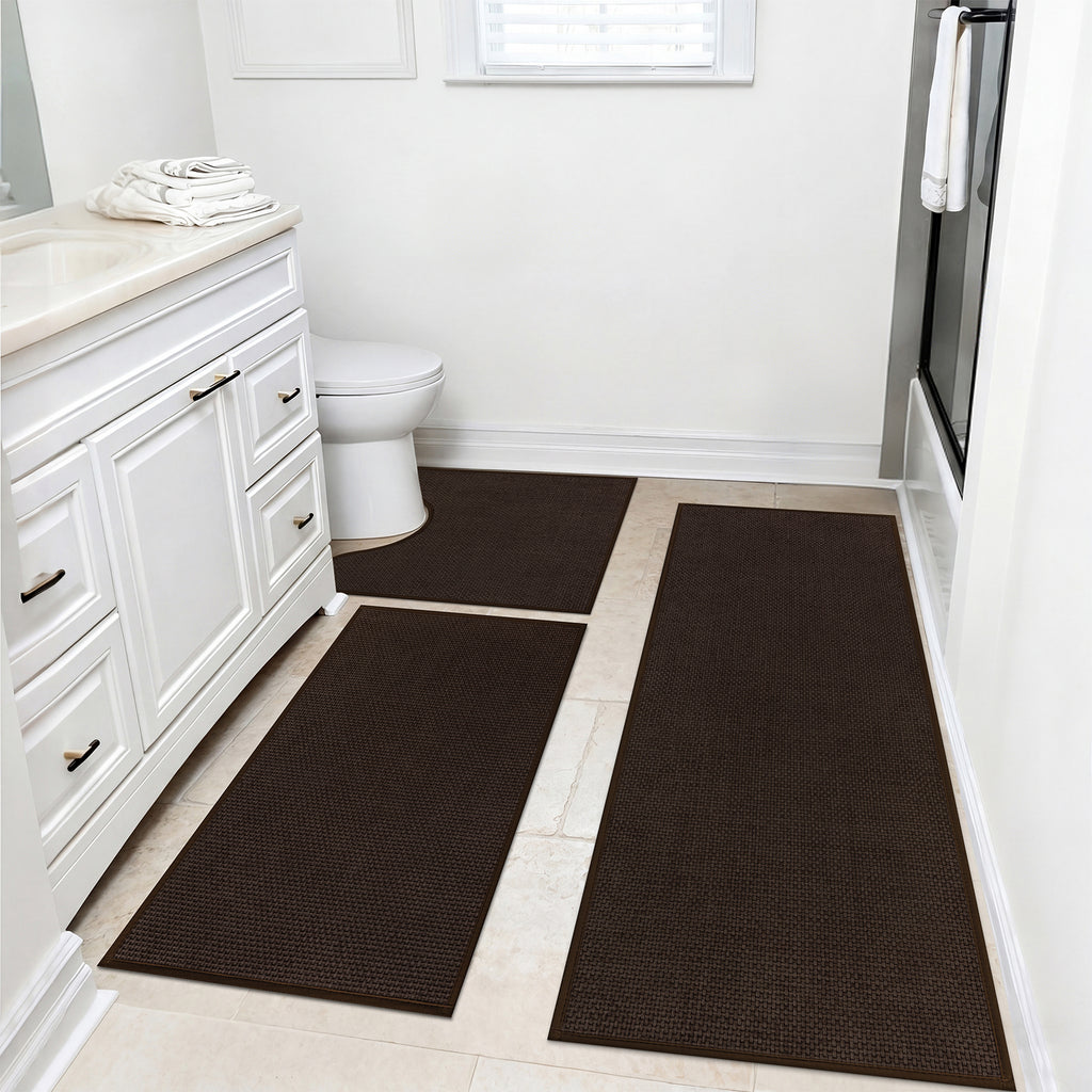 Ileading 3pcs Bathroom Rugs Set with U-Shaped Mat, Non Slip, Soft, Absorbent Bath Mats for Tub, Shower, Toilet 18"x26"+18"x48"+U Shape 20"x24" Brown