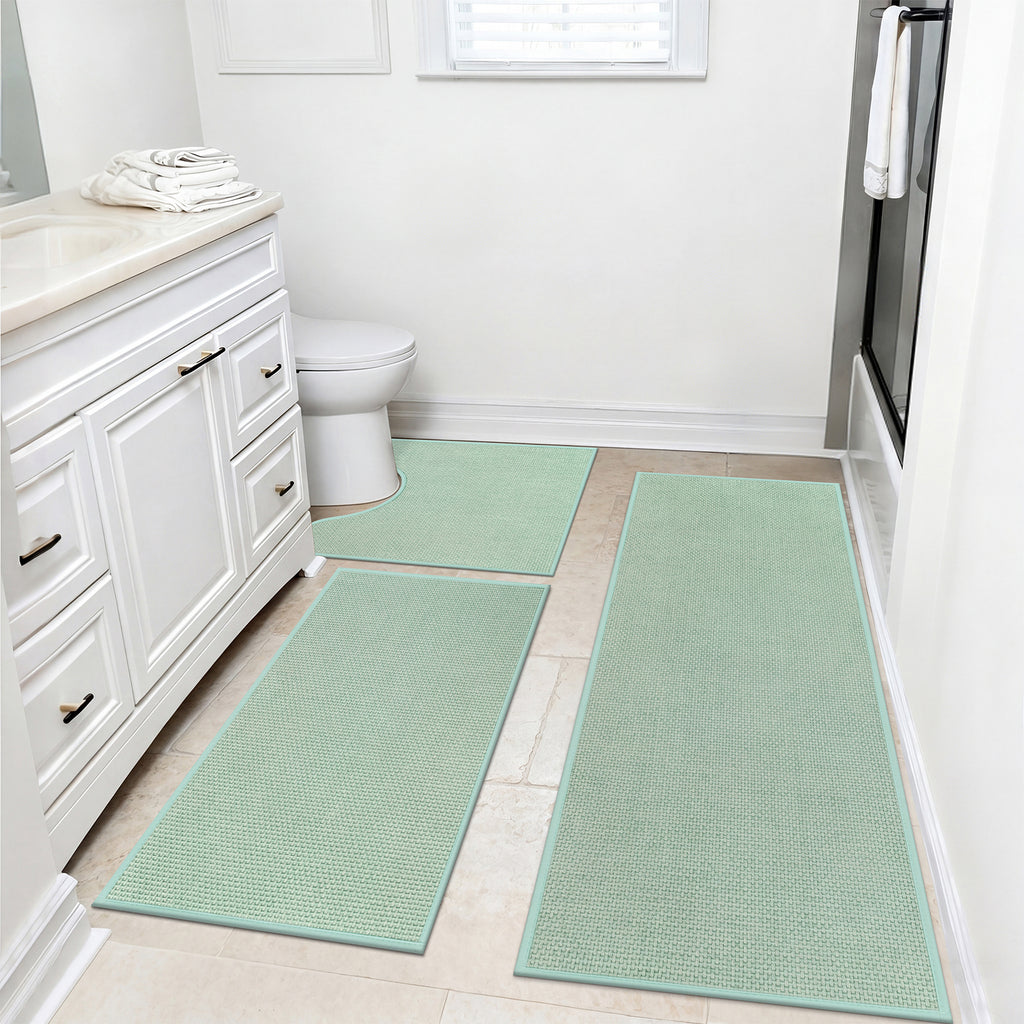 Ileading 3pcs Bathroom Rugs Set with U-Shaped Mat, Non Slip, Soft, Absorbent Bath Mats for Tub, Shower, Toilet 18"x26"+18"x48"+U Shape 20"x24" Green