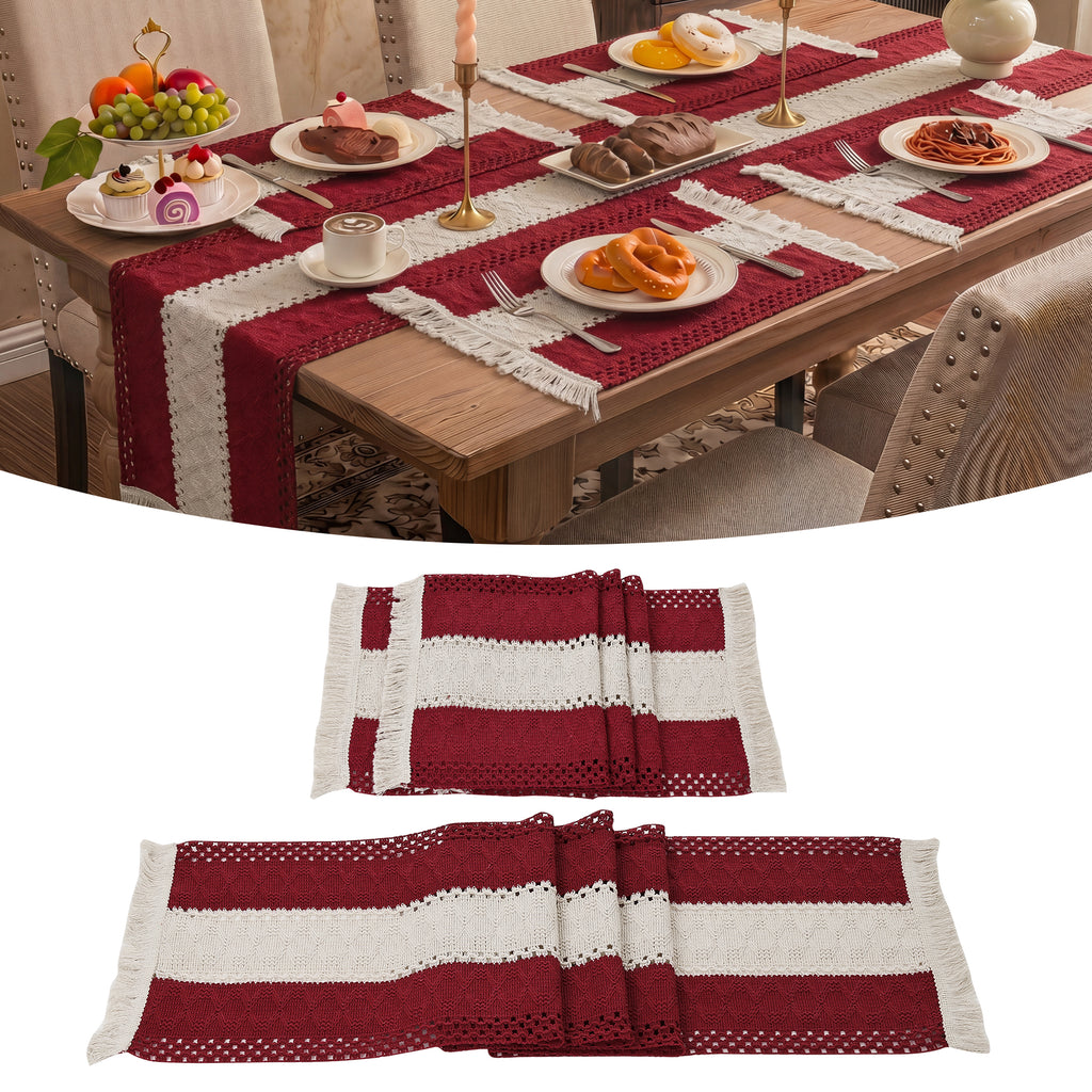 MeyJey 5Pcs Table Runner and Placemats Set, Washable Fabric Rectangle Dining Table Mats with Tassels for Dining Tables, Kitchen, Red