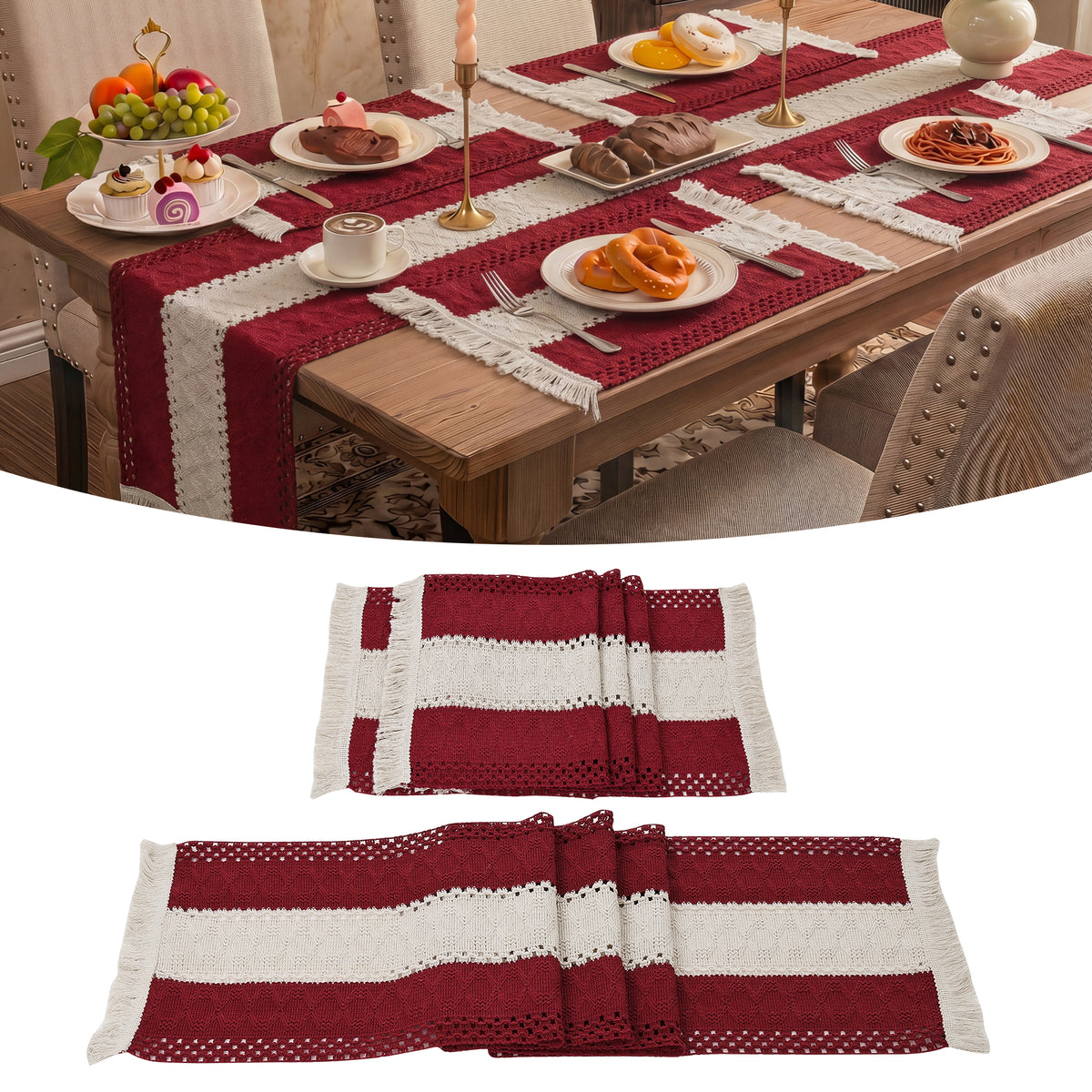 MeyJey 5Pcs Table Runner and Placemats Set, Washable Fabric Rectangle Dining Table Mats with Tassels for Dining Tables, Kitchen, Red