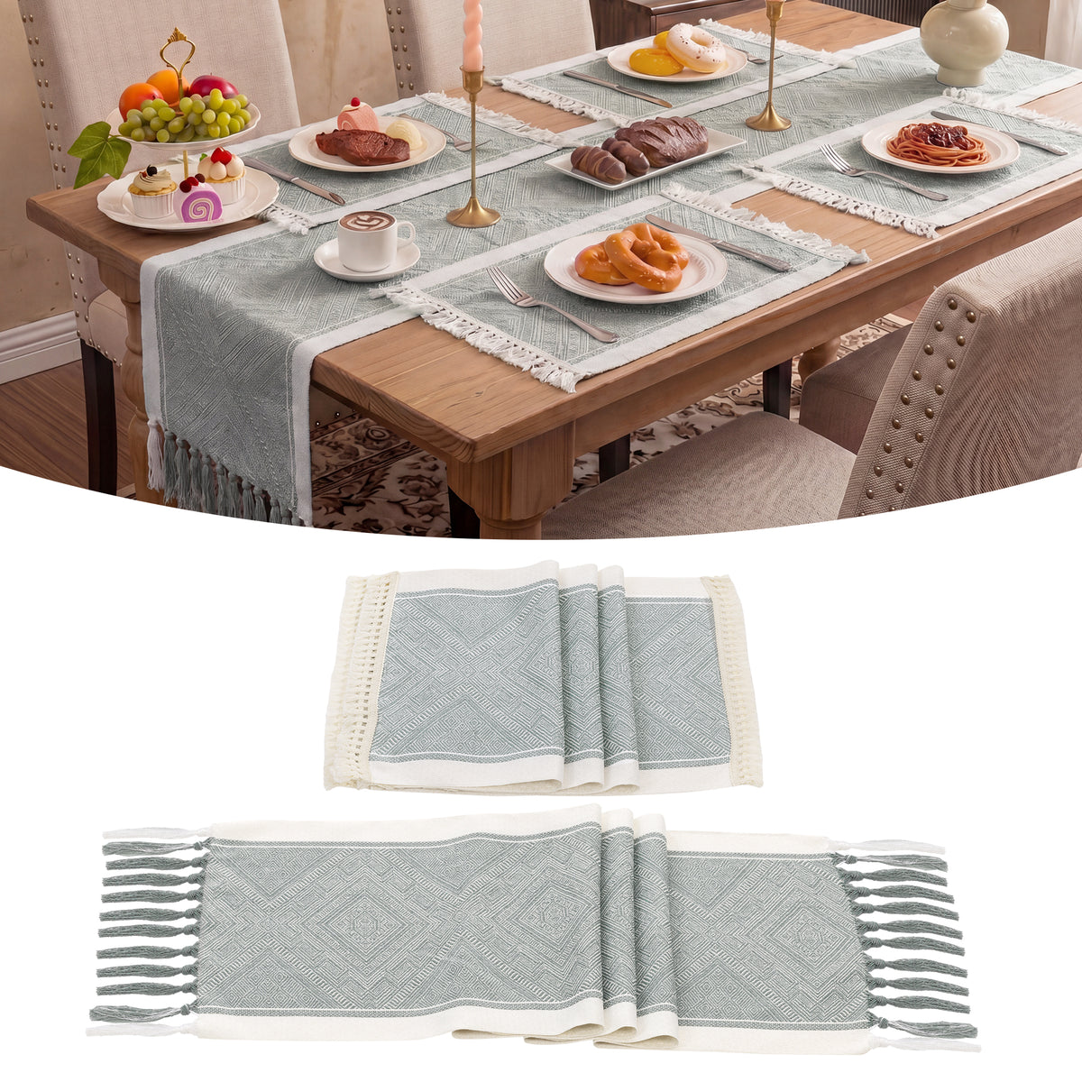 MeyJey 5 Pcs Table Runner and Placemats Set, Washable Fabric Rectangle Dining Table Mats with Tassels for Dining Tables, Kitchen