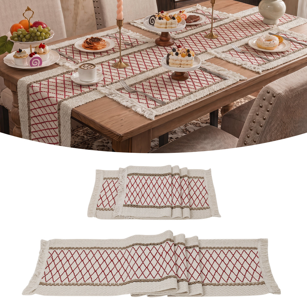 MeyJey 5 Pcs Table Runner and Placemats Set, Washable Fabric Rectangle Dining Table Mats with Tassels for Dining Tables, Kitchen, Red/Beige