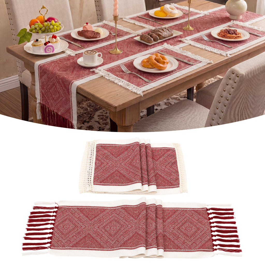 MeyJey 5 Pcs Table Runner and Placemats Set, Washable Fabric Rectangle Dining Table Mats with Tassels for Dining Tables, Kitchen