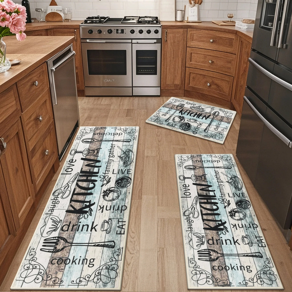 MeyJey Farmhouse Kitchen Rug Set of 3 - Non Slip, Machine Washable Low Pile Floor Mats, Water Repellent Rugs for Kitchen, Dining & Laundry Room