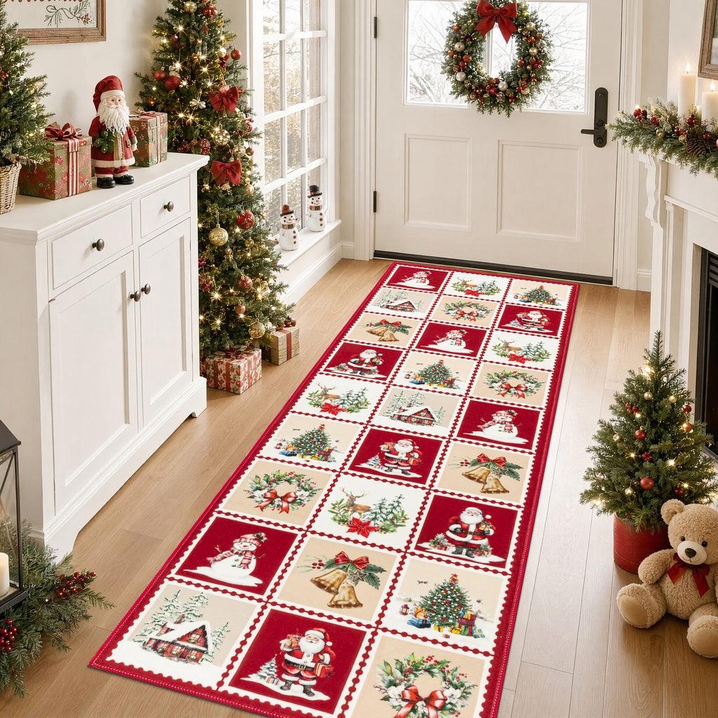 MeyJey 2'x6' Christmas Runner Rug for Hallway , Non Slip Machine Washable Rugs Holiday Decoration Floor Carpet for Bedroom Kitchen Living Room, Red/Green/White